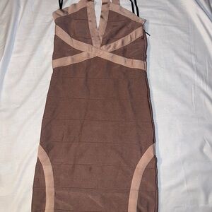 Bebe Brown and Cream Halter Bodycon Cocktail Dress